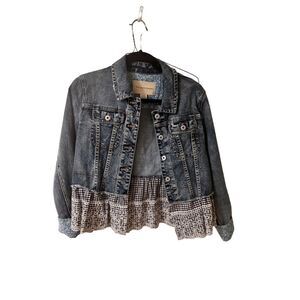Anthropologie Pilcro Eyelet Denim Jacket XS Blue Button-Front Ruffle Trim